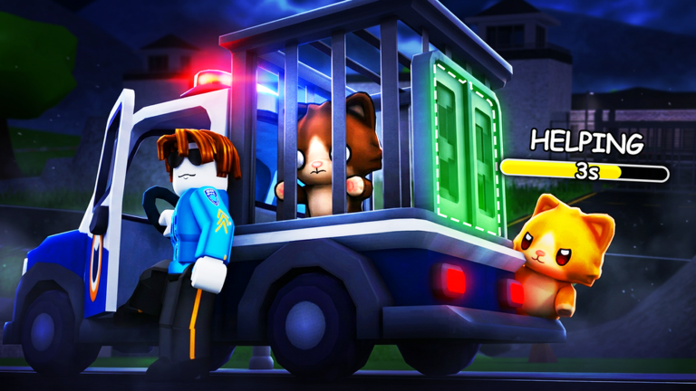 Official Pets VS Police media showing pets in a police vehicle and a Helping progress indicator